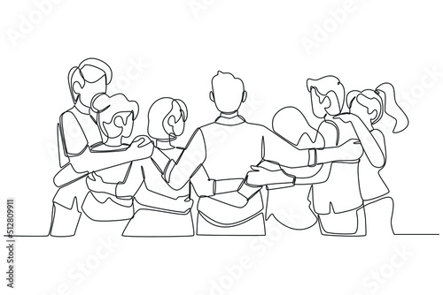 Continuous one line drawing Back view of teenage boys and girls standing together, embracing each other. International youth day concept. Single line draw design vector graphic illustration.