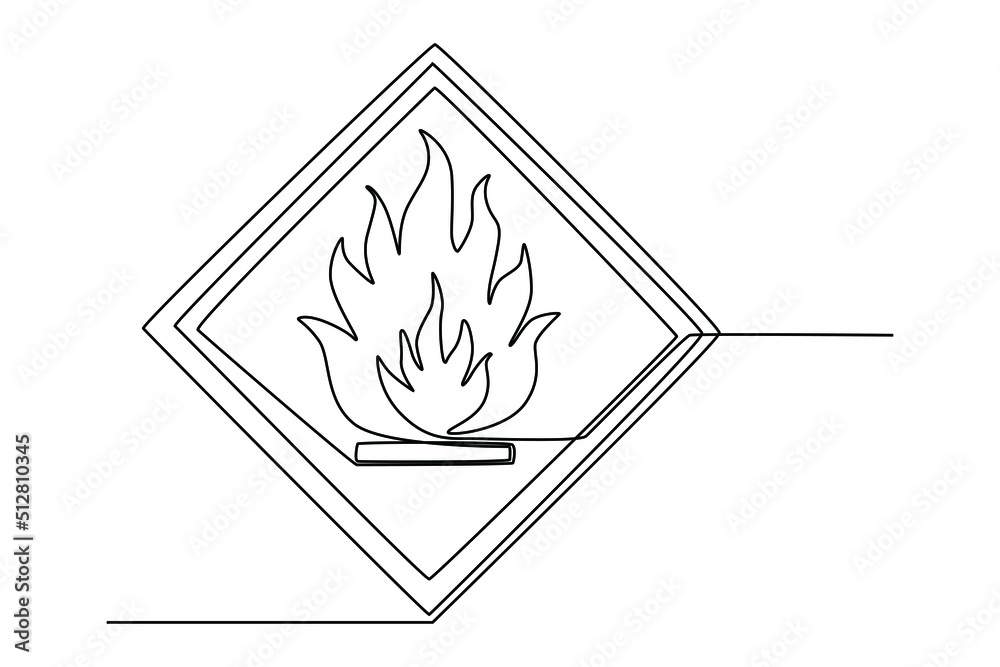 Single one line drawing flammable material on background. Suitable for product label. Label or sticker concept. Continuous line draw design graphic vector illustration. - obrazy, fototapety, plakaty 