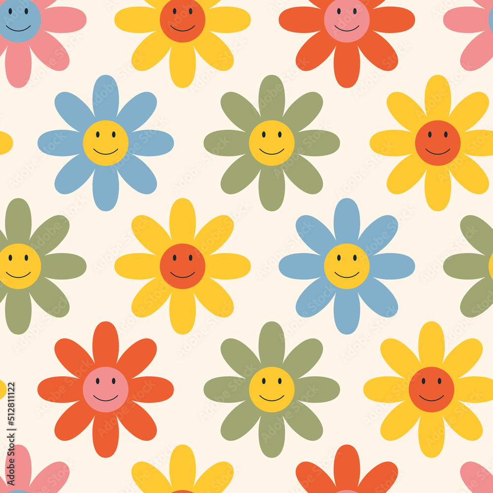 Vector colorful seamless pattern with daisy flowers with cartoon funny emoticons faces. Groovy print cute chamomile characters happy emotion flat style. Vintage floral background.
