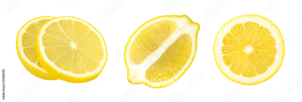 Obraz premium lemon fruit slices and half isolated on white background, Fresh and Juicy Lemon
