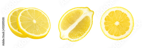 Fotografie, Obraz lemon fruit slices and half isolated on white background, Fresh and Juicy Lemon