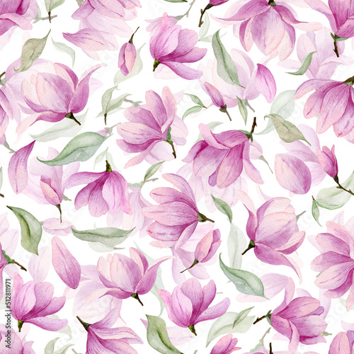 Magnolia watercolor Pattern with pink flowers and green leaves. Seamless Floral background for print or textile