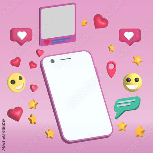 3D Render Pink Mobile Blank Screen Social Media Stars Red Hearts.