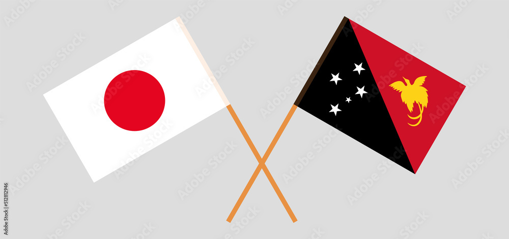 Crossed flags of Japan and Papua New Guinea. Official colors. Correct proportion Crossed flags of Japan and Papua New Guinea. Official colors. Correct proportion