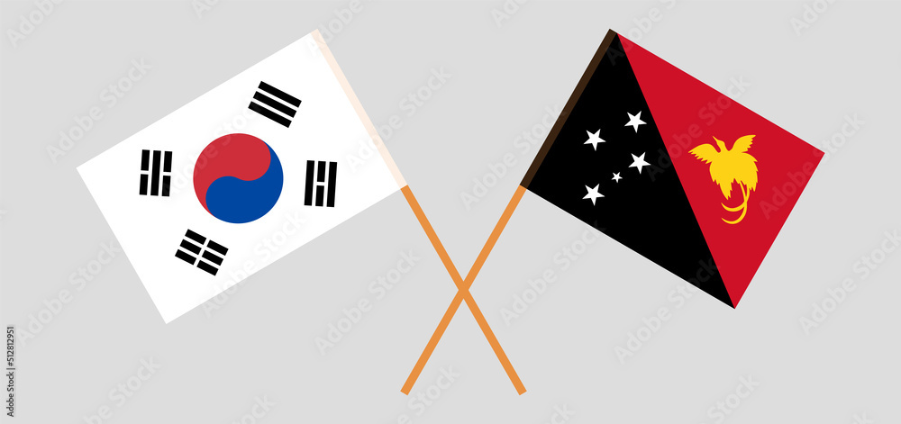Crossed flags of South Korea and Papua New Guinea. Official colors. Correct proportion Crossed flags of South Korea and Papua New Guinea. Official colors. Correct proportion
