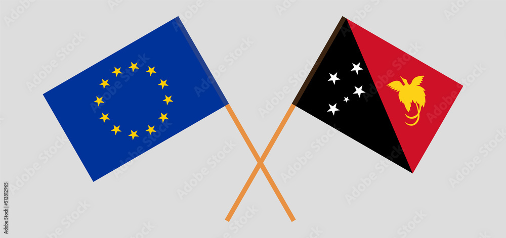 Crossed flags of the European Union and Papua New Guinea. Official colors. Correct proportion Crossed flags of the European Union and Papua New Guinea. Official colors. Correct proportion