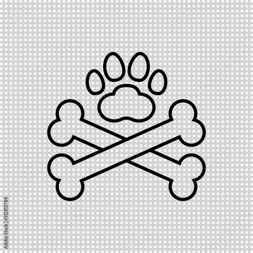 Two dog crossbones and paw print. Crossed dog bones icon and logo design. Outline and line style. Isolated vector illustration on transparent background.