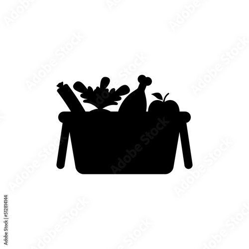 Grocery basket with fruits, vegetables and meat. Plastic shop basket of food from the store. Black silhouette. Vector illustration on white background.