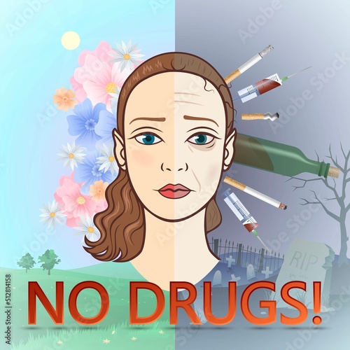 The face of a girl with the difference between a healthy lifestyle and bad habits and addictions