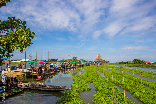 Sapan Khong Floating Market,Song Phi Nong District,Suphanburi,Thailand on December 15,2018:Giant fish trap viewpoint and the long bamboo bridge as a new tourist attraction.