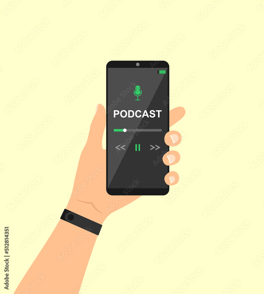 Hand holding mobile smartphone with podcast app on screen. Flat vector illustration Hand holding mobile smartphone with podcast app on screen. Flat vector illustration