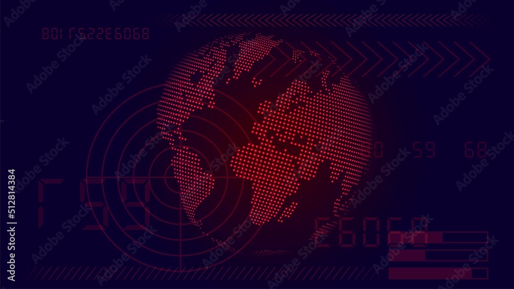 Obraz premium Red pixel map of the earth on the screen