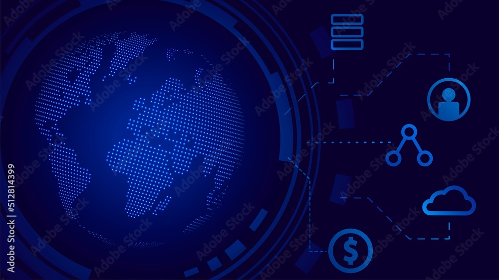 Obraz premium Blue glowing digital planet Earth and cloud services and web applications icons