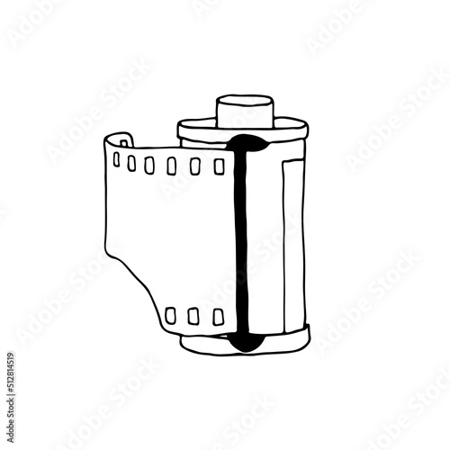 Camera film roll in case, hand drawn vector illustration, isolated on a white background