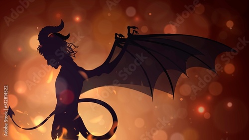 Silhouette of the devil on the background of hellfire