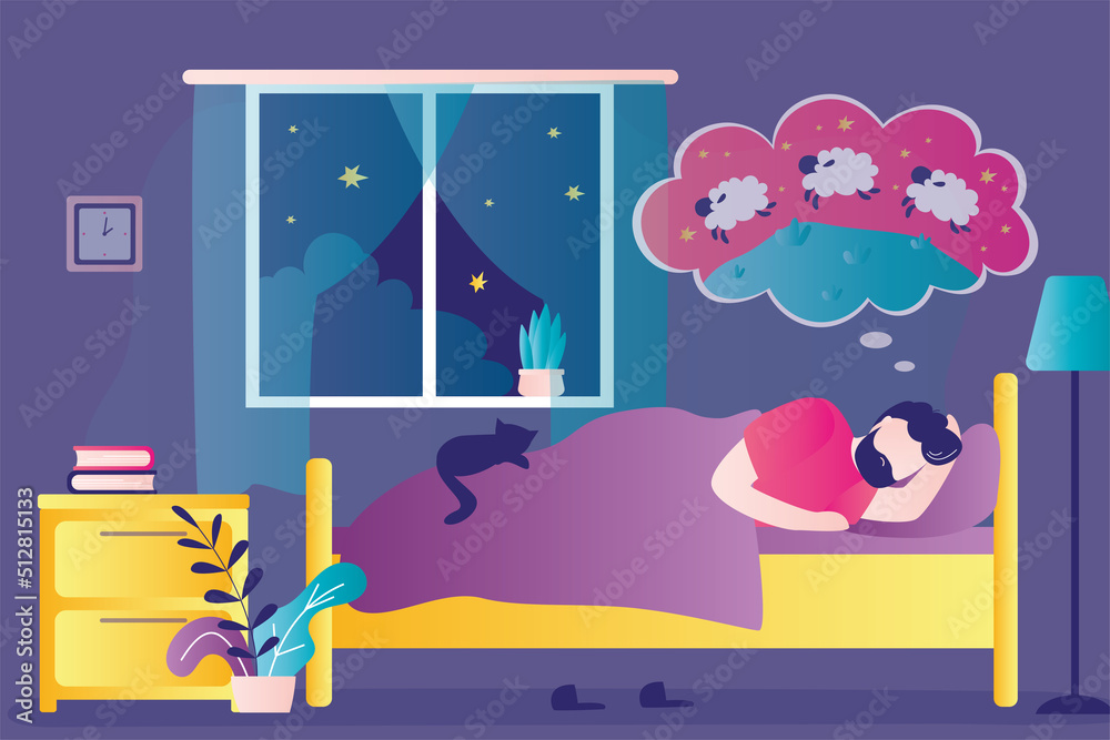 Fototapeta premium Tired man mentally counts sheep to fall asleep. Male character suffering from insomnia