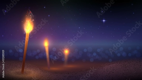 Illustration with torches on the beach at night against a blurred sea