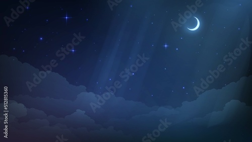 Night starry sky with clouds and crescent moon
