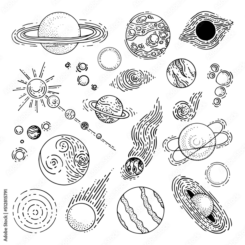 Planet line art. Heavenly body. Cosmic matter of the galaxy. Star of the universe. Astronomy. Hand drawn vector doodle illustration. Simple outline element.
