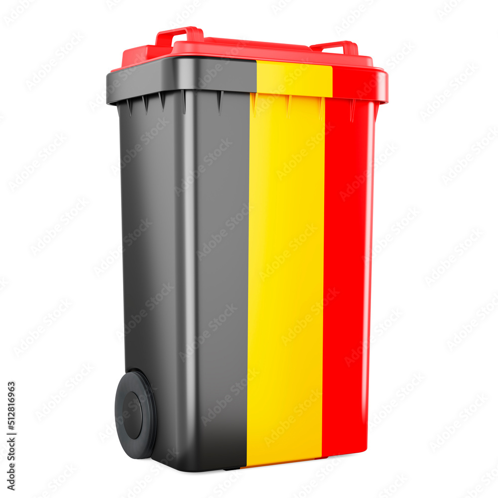 Waste container with Belgian flag, 3D rendering Waste container with Belgian flag, 3D rendering