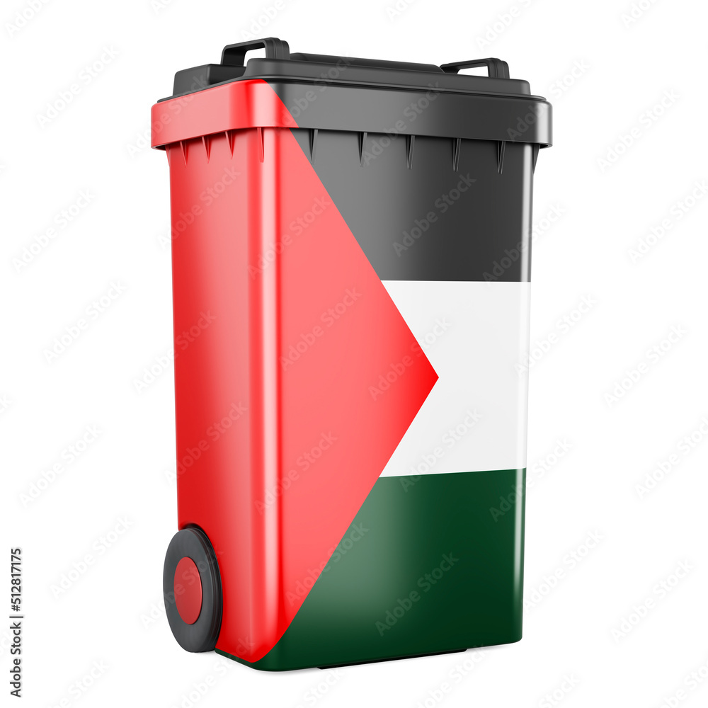 Waste container with Palestinian flag, 3D rendering