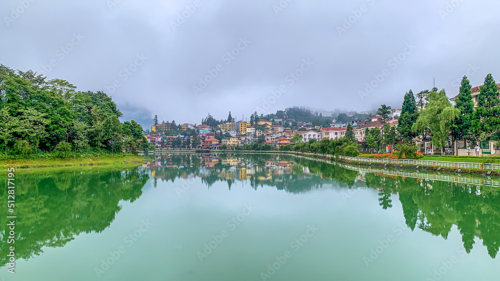 Lao Cai Province,north-west Vietnam on July 15,2019:Beautiful scene of Sapa Lake and Sapa town.