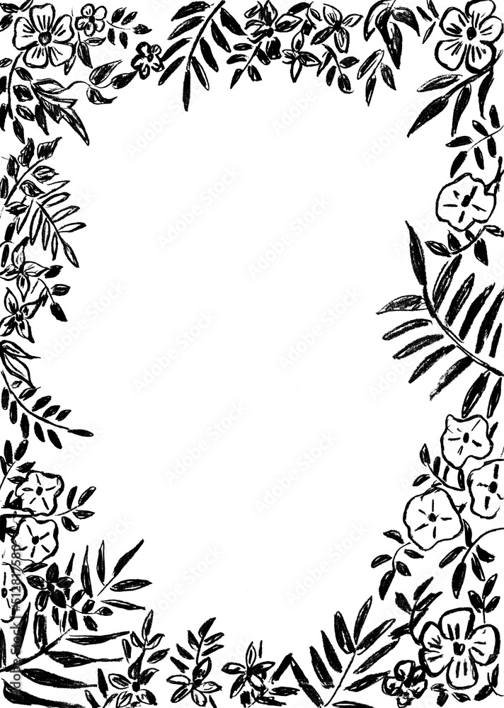 Fototapeta premium On a white background, a frame of plants and flowers in black