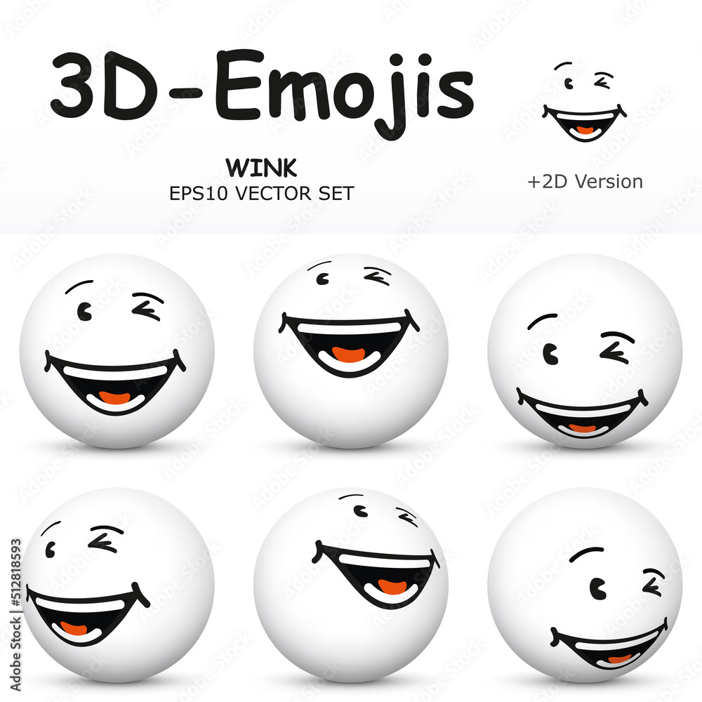 3D Emoji with LAUGHING WINK Facial Expressions in 6 Different 3D Perspectives - EPS10 Vector Collection