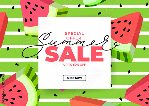 Summer sale special offer horizontal banner with watermelon slices. Vector template for sales, promo, ads. Bright seasonal vector illustration with text blocks. photo