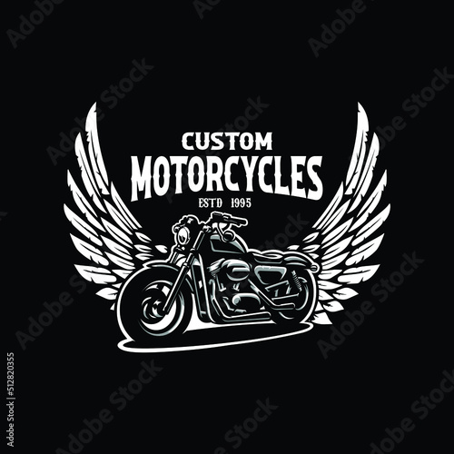 Custom motorcycles grunge emblem logo design vector on black background. Best for automotive tshirt design photo