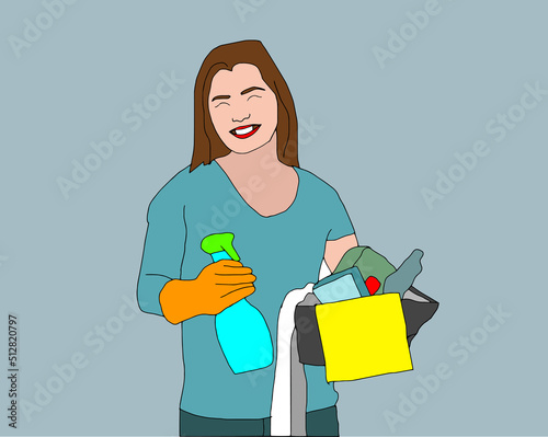 Cleaning company staff in uniform, set of two poses. Woman cartoon character cleaner with thumb up gesture and with bucket full of detergents. Vector illustration.