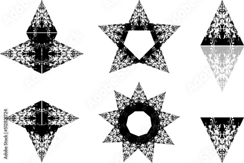 Decorative floral symbols created from triangular element in black-white tones. A set of ornamental symbols that can be used as snowflakes, also for textiles, print, wallpaper, emblem, web icons, etc.