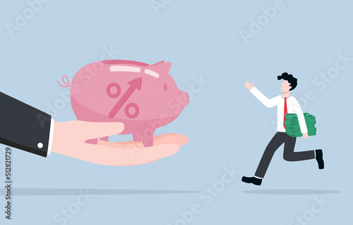 Reducing the money supply within an economy by increasing interest rates, contractionary monetary policy to address inflation concept. Businessman rushing to deposit his money in bank.