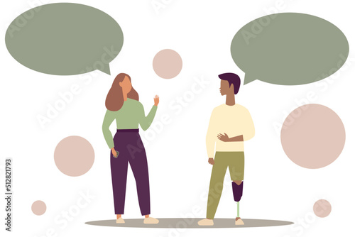Vector flat illustration. The guy and the girl are talking to each other. They are discussing the news of the day. Speech bubbles near them. Cartoon illustration.