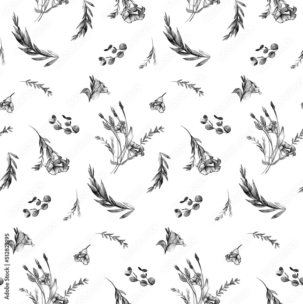 Obraz premium Botanical seamless pattern with eustoma flowers drawn with a simple pencil on a white background