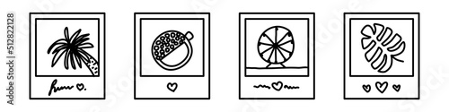 Set of cute photo frame memories from vacation. Instant camera pic for photo album. Fun minimalist drawing for a trip