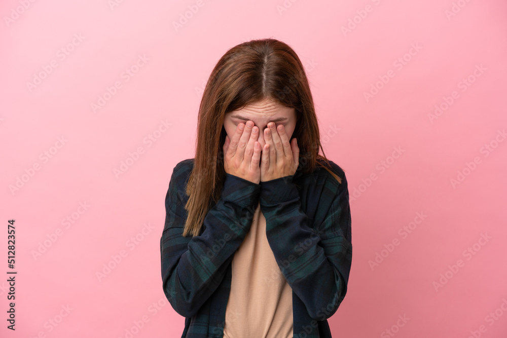 Young English woman isolated on pink background with tired and sick expression Young English woman isolated on pink background with tired and sick expression