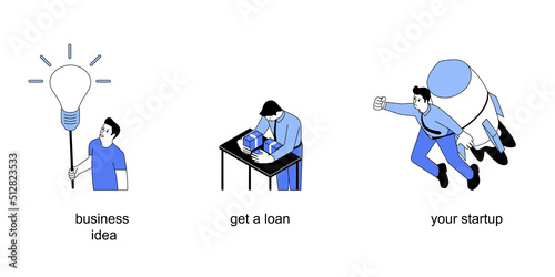 Set of conceptual illustrations on business creation. The idea of creating a business, getting a loan, the first successful startup.