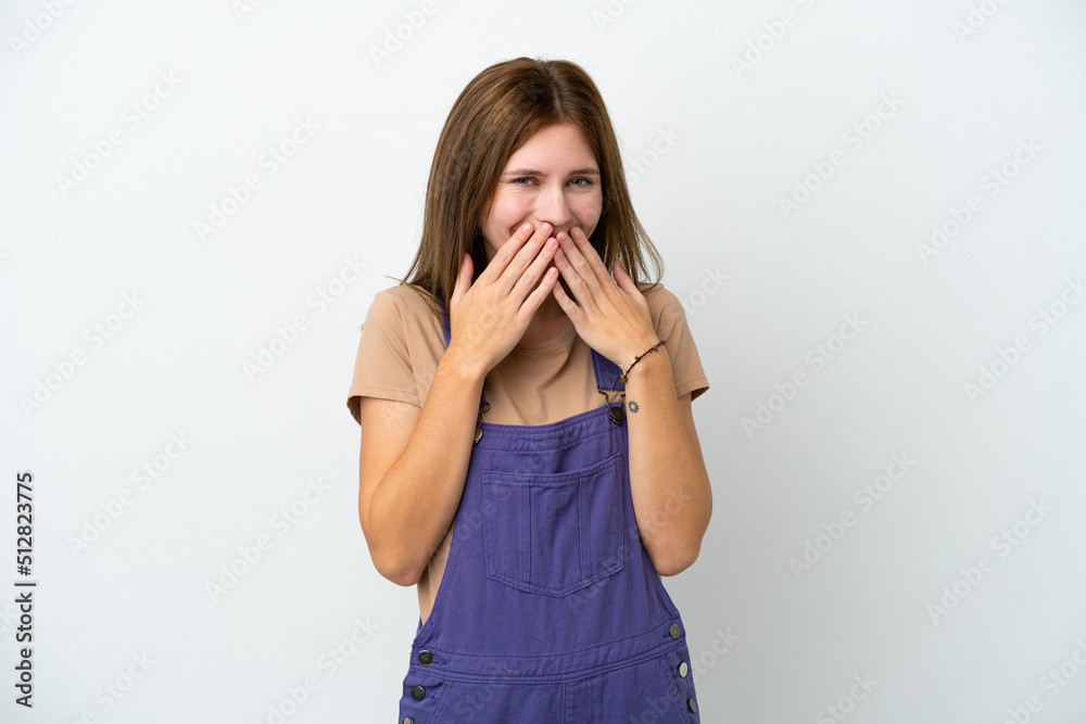 Young English woman isolated on white background happy and smiling covering mouth with hands Young English woman isolated on white background happy and smiling covering mouth with hands