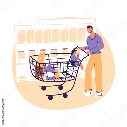 Young man buying food grocery section at supermarket. Father with child boy inside shopping cart. Daily routine. Flat cartoon vector illustrtion, trendy colors, isolated on white background