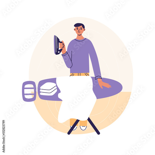 Man ironing in board and folding clothes at home. House husband doing daily routine home work. Flat cartoon vector illustrtion, trendy colors, isolated on white background