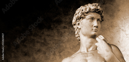 Statue of David Reproduction, Head, Torso and Hand Detail Perspective with eyes looking away from copy space
