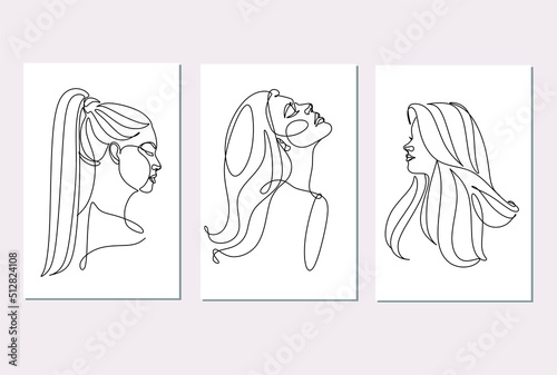 Woman Line Art Minimalist Logo. Nature Organic Cosmetics Makeup Hair stylist.  Feminine Illustration line drawing. Woman face with beautiful hair.  Woman portrait. Abstract Modern surreal continuous