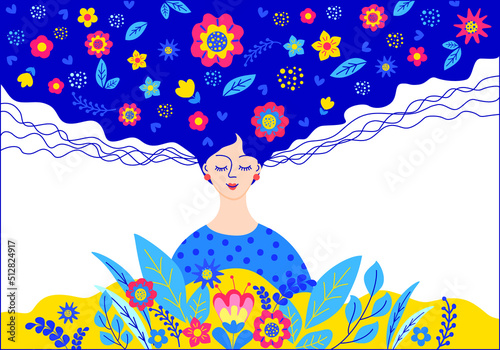 beautiful relaxed young woman with long blue hair and flowers sleeps and sees fabulous dreams