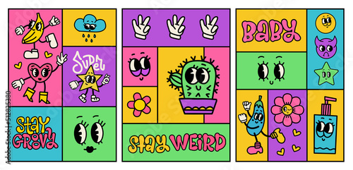 Set of trendy posters with crazy comic faces, creepy characters and colorful geometric outline shapes . Contemporary trendy Mosaic banners with traditional comic faces,hands in gloves. Vector design.