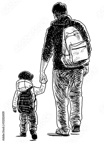 Sketch of man with little child walking outdoors