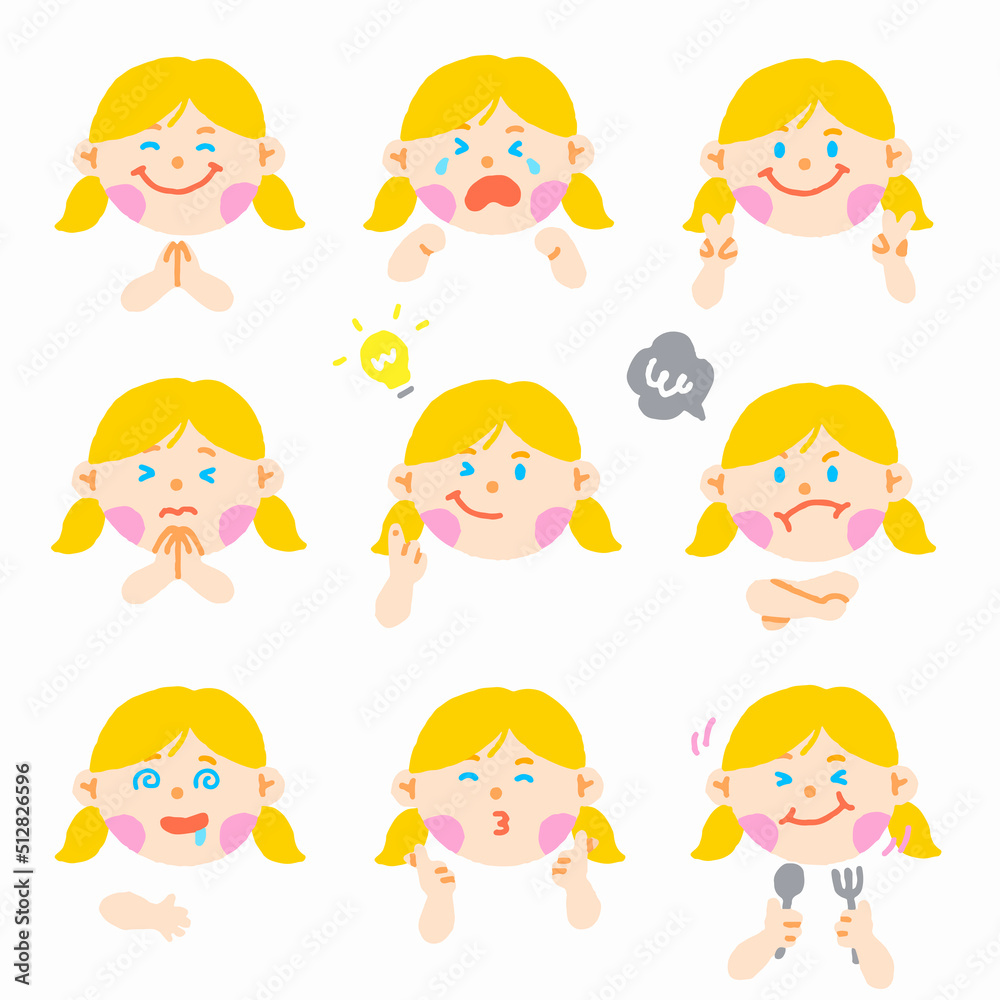Cute Europe American Girl Blond Hair Blue Eye Kids Child Children Shcool Different Expression Emotion Emotional Emoticon Hands Doodle Character Feelings Faces Collection Set Icon Vector Illustration Cute Europe American Girl Blond Hair Blue Eye Kids Child Children Shcool Different Expression Emotion Emotional Emoticon Hands Doodle Character Feelings Faces Collection Set Icon Vector Illustration