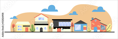 Urban or suburban neighborhood at night, houses with lights, late evening or midnight. Vector homes with garages,trees and driveway. Suburb village landscape with cottage buildings, street lamps