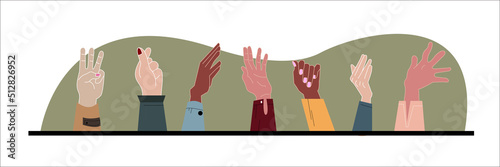 Diverse young people hands on isolated background. Teenager hand group with raised arm for celebration or friend community concept. Flat cartoon illustration of men and women arms.