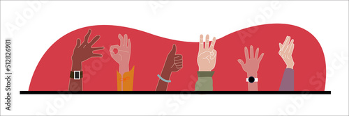Diverse young people hands on isolated background. Teenager hand group with raised arm for celebration or friend community concept. Flat cartoon illustration of men and women arms.